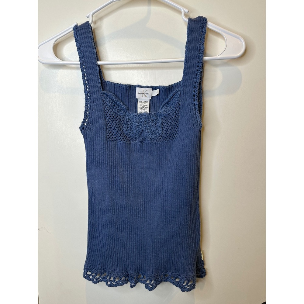 Calvin Klein Jeans Womens Blue Ribbed Knit Crochet Trim Tank Top Size M